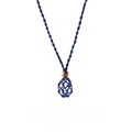 Handmade navy blue braided necklace cord with a woven net cage and brown wooden bead - Navy Blue