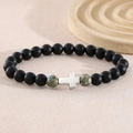 Bracciale di perline con perle nere opache e ciondolo croce in argento per uomo e donna - Perle da 8mm (NAM04-6) / Nero Opaco/Turchese Africano