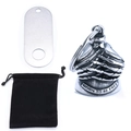 Retro double skull motorcycle guardian bell with born to be free engraving and velvet pouch - Skull Hand Bell With Tag And Storage Bag / Steel