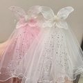 Fermagli per capelli con velo a fiocco rosa e bianco con paillettes argento - Set 2 Pezzi Farfalla Rosa + Bianca