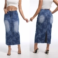Gonna lunga di jeans blu con stampa a farfalla, vestibilità slim e spacco posteriore - S / Farfalla