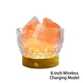 Natural Himalayan pink salt lamp in diamond-cut glass bowl with 8-inch wireless charger base - Wireless Charging / 8 Inch