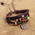 Multilayer leather bracelet with Cancer zodiac metal charm and rustic wood beads - Cancer