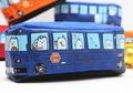 Blue canvas pencil case shaped like a school bus with cute cartoon bear motifs - Blue