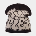 Close-up of dark brown knit beanie featuring creamy white street style graffiti pattern - Dark Brown