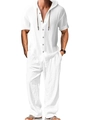 Ensemble blanc 2 pièces pour homme avec chemise à capuche en lin et pantalon à cordon - S / Blanc