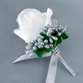 White silk rose boutonniere with silver berries and satin ribbon for wedding attire - Corsage / No.9 White + Silver Gray