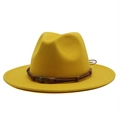 Yellow wide-brim felt fedora hat with brown braided leather band and skull buckle - One Size 58cm / Yellow