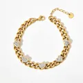 Gold-plated stainless steel curb chain bracelet with five pavé zircon heart pendants - Bracelet (SAK791)