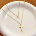 Layered gold necklace featuring a cross pendant and a single zircon on a white plate - 【8196】Gold Double Layer Cross Necklace