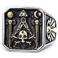 Retro Masonic signet ring with engraved compass and skull symbols in antique silver finish - US 7 / Retro Signet Embossed Occult Band (19501) / Two-tone Antique Silver & Bronze (19501)