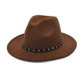 Brown wool fedora hat with wide brim and studded leather band for a vintage western look - Coffee