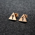 Polished gold triangle stud earrings with hollow cross design on a black textured background - Triangle Cross Style (175) / Rose Gold