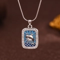Square silver tarot necklace with blue dolphin enamel and white zircon border - Silver (X6073SY)