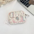 Detail of floral quilted coin purse with a front button pocket and silver zipper - Patchwork Berry