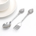 Vintage style silver stainless steel spoon and fork set with grey faux gemstone handle - White Crystal