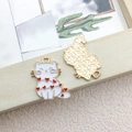 White enamel cat pendant with red hearts and golden textured reverse for DIY jewelry - White Peach Heart Cat 19x20mm