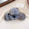 Large blue-grey and brown rabbit fur hair claw clip with plush cloud-like texture - Blue Leopard