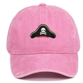 Close-up of pink washed cotton baseball cap featuring pirate skull embroidery detail - Adjustable / Pink