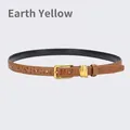 Slim khaki leather belt with crocodile pattern and golden square pin buckle for women - Earthy Yellow / 105cm