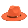 Detail of bright orange wool fedora featuring a brown leather band and gold horsebit buckle - Orange / M (56-58cm)