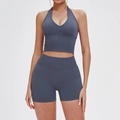 Ensemble de sport sans couture gris-bleu foncé avec débardeur col V et short taille haute - S / Haut Et Bas / Soutien-gorge + Short / Gris Bleu