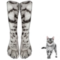 Unisex 3D realistic grey tabby cat paw printed crew socks with pink paw pads - White Cat