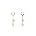 Gold bohemian earrings with baroque pearl, blue stones and pink beads on white background - Turquoise Baroque Earring