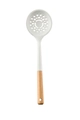 Creamy white silicone slotted spoon with natural wooden handle and convenient hanging hole - Skimmer