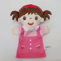 Pink dress girl hand puppet with pigtails and Just Seen brand label for roleplay - Printed Daughter
