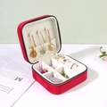 Portable red velvet jewelry storage box with ring slots and necklace hooks inside - Red