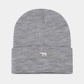 Close-up of grey knit beanie with white polar bear embroidery and ribbed texture detail - One Size / Light Gray
