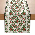Christmas table runner with holly leaves and red berries on a rustic linen texture - 33cmx180cm / ZQ16-9 (Holly Berry Leaves)