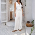 Women's white sleeveless vest and wide-leg pants set with delicate lace trim - S / White