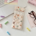 Quilted soft fabric glasses pouch with bear print and lace trim in desk setting - Goodnight Bear