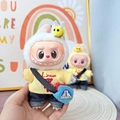 Plush doll accessory with bee decor, yellow bear shirt, and blue doraemon bag variant - Bee Doraemon Set / First And Second Generation Keychains Are Compatible With La Cloth Dolls. Dolls Not Included.