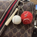 Mini baseball keychain with white leather ball, red glove, and wooden bat charm - 3.5CM White Ball Red
