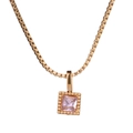 Elegant gold box chain necklace featuring a square pink zircon stone pendant in detail - August-Light Green