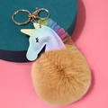 Llavero de unicornio con purpurina, encaje de arcoíris y un gran pompón de pelo marrón - 9cm Encaje / Camel