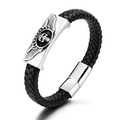 Herenarmband van zwart gevlochten leer met zilveren schedel- en vleugelmotief en magneetsluiting - Zwart