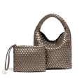 Metallic bronze woven hobo tote bag and matching clutch set for women stylish accessory - Metallic Grey