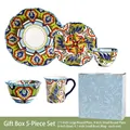 Bohemian style ceramic dinnerware set with blue mandala patterns in a gift box - Round 5-Piece Tableware Set