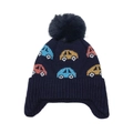 Berretto bimbo in maglia blu scuro con paraorecchie e motivo auto colorate - M (52-54cm) / Blu Notte