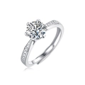 Macro shot of silver ring featuring six-prong moissanite setting and side diamond accents - Adjustable Open / Six-Prong Elevated Style (R12341-6.5mm/1 Carat)