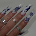 Faux ongles longs forme cercueil avec motif papillon bleu et flammes blanches - Style Flamme Papillon Bleu (SGCY-158) - Type Colle