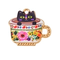 Detailed view of enamel cat in teacup pendant with floral patterns and gold accents - White-KC Gold