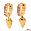 Orecchini a cerchio dorati con zirconi rosa quadrati e ciondoli a cuore 3D - Oro Zircone Rosa (KDE550)