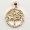 Golden Tree of Life pendant featuring micro-pave cubic zirconia on a white background - Round White Zirconia Tree of Life Gold Pendant
