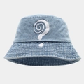 Close-up of denim bucket hat with detailed white spiral question mark embroidery texture - Adjustable / Light Blue