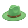Detailed view of wide-brim green wool fedora with brown studded leather belt decoration - M (56-58cm) / Grass Green
